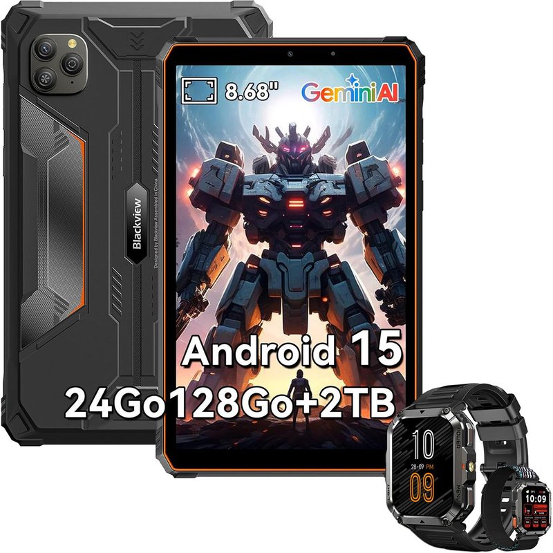 Tablette Blackview Active 5 2025 Nouveau IA Modèles 8.68" 90 Hz, Android 15, 24+128Go/SD 2 To, 6600 mAh Orange Avec Montre W70 Pro