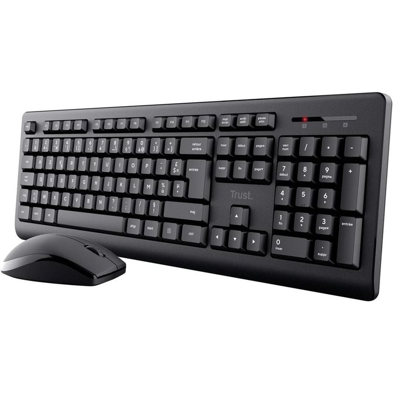 Trust Primo Pack Clavier et Souris sans Fil AZERTY Français, Touches Plates, Résistant aux Éclaboussures Clavier avec Pavé Numérique