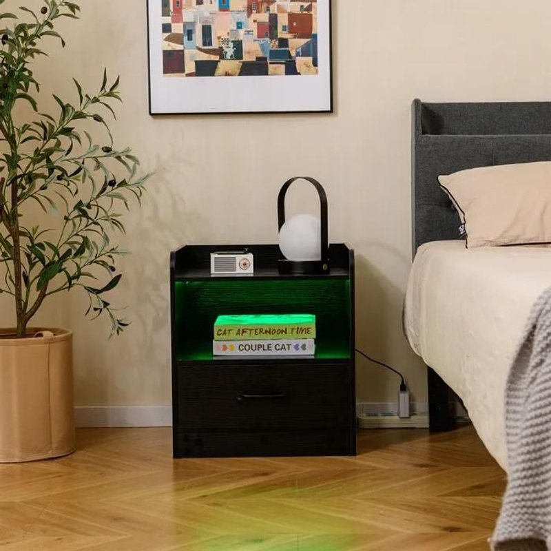 Costway Table De Chevet Led Avec Étagère Ouverte, Tiroir Coulissant, Lumière Multi-Couleurs, Télécommande Pour Salon, Chambre Noir