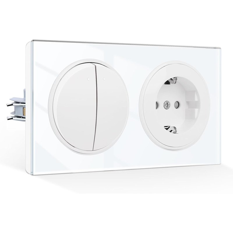 Interrupteur à bascule avec prise Schuko encastrée-Prise murale avec plaque en verre trempé-2 compartiments 1 voie-Blanc