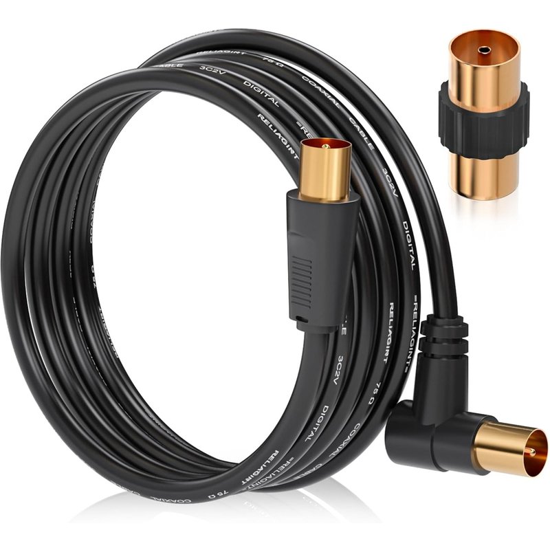 Câble d'antenne TV flexible¿Angle droit vers droit-Avec rallonge-Adaptateur extra long-Conducteur en cuivre-Faible perte-Pour haut débit,Freesat,FreeView,Skybox (1M,Noir-angle droit)