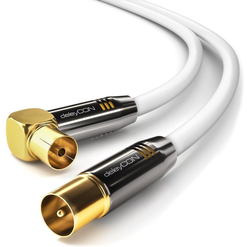 10m Câble D'Antenne de Télévision HDTV Full HD 1x Coudé Câble Coaxial TV Prise (Droite) à TV Fiche (90° Degrés) Bouchon Métallique-Blanc