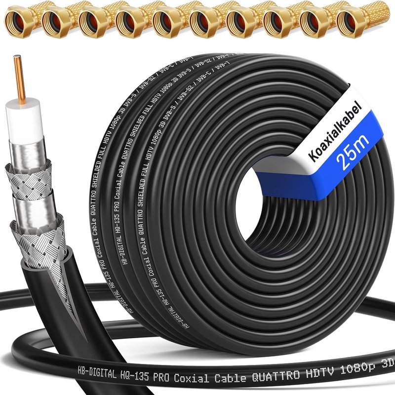 25m Câble Coaxial HQ-135 Câble d'Antenne 135dB Câble Sat 8K 4K UHD 4 Fois Blindé pour Les Systèmes DVB-S/S2 DVB-C/C2 DVB-T/T2 Dab+ Radio BK + 10 F-Plug Gratuit