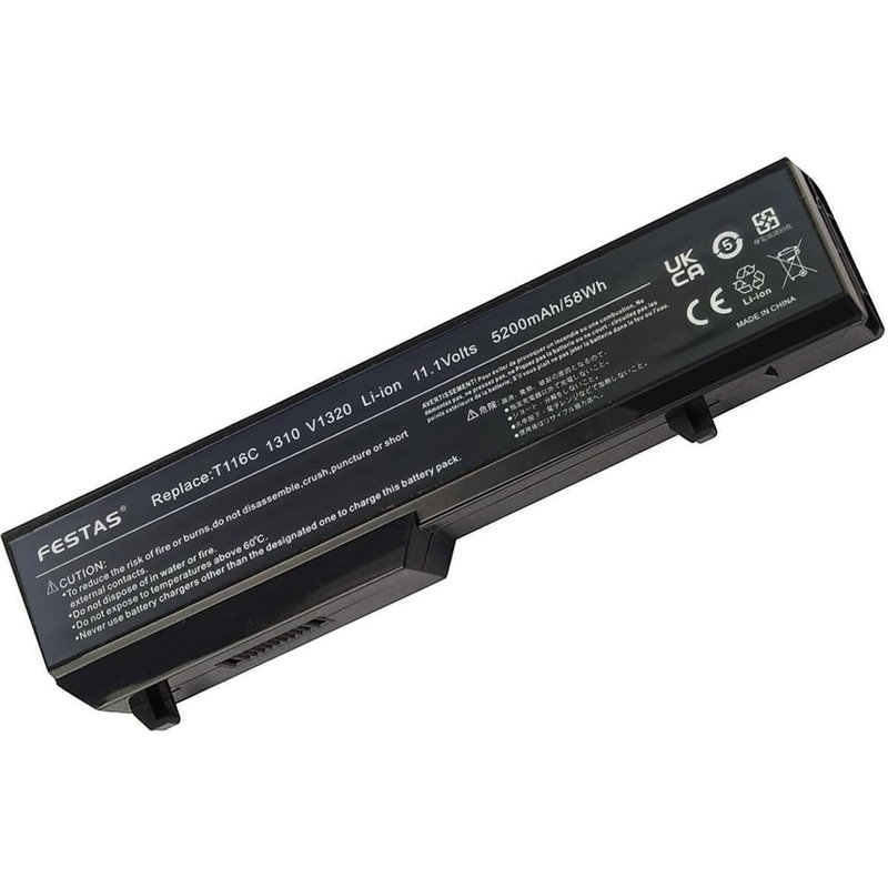 11.1V 5200mAh T114C T112 K738H Batterie Compatible avec Dell Vostro 1310 1320 1510 1511 1520 2510 Series 312-0724 312-0922 T116C PP36L PP36S N958C N950C 0K738H 0N241H Ordinateur PC Portable