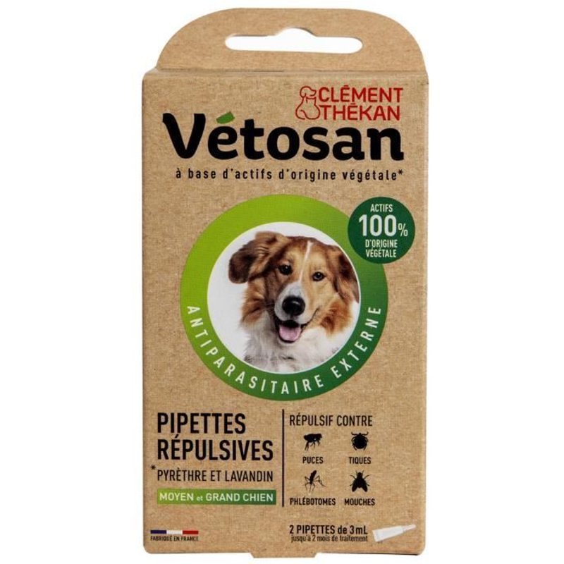 Vétosan-Clément Thékan Pipettes Répulsives Moyen Chien/Grand Chien Étui De 2 Pipettes 3 Ml