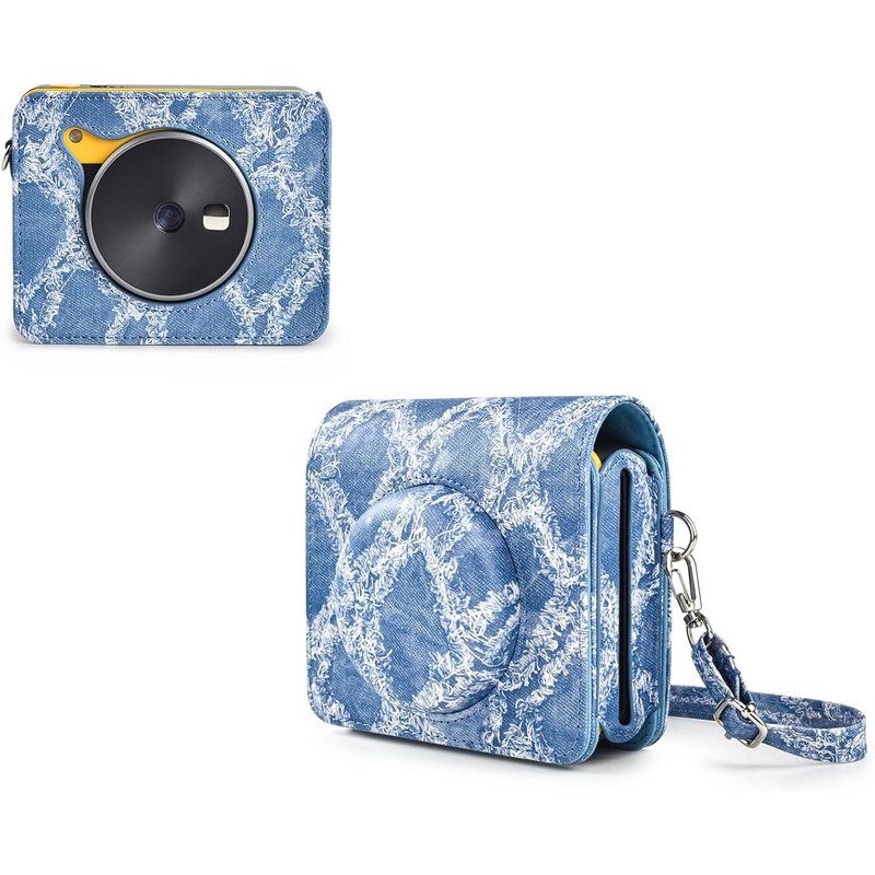 Kodak Mini Shot 3 Retro Étui de protection en cuir PU pour la version précédente de Kodak Mini Shot 3 Retro C300R Appareil photo/imprimante instantanée portable avec bandoulière,Motif denim