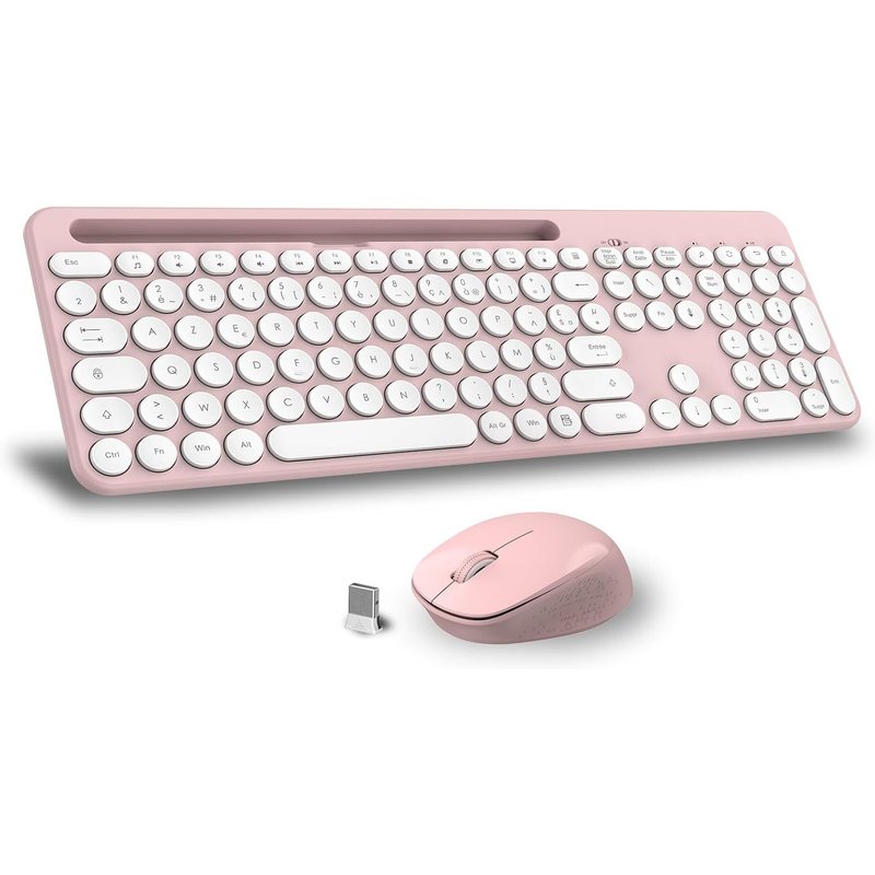 Ensembles Clavier et Souris, Ensemble De Clavier Souris Ergonomique Pleine Taille, 2,4 GHz avec Récepteur USB pour PC, Portable, Windows, Mac AZERTY Français-Rose