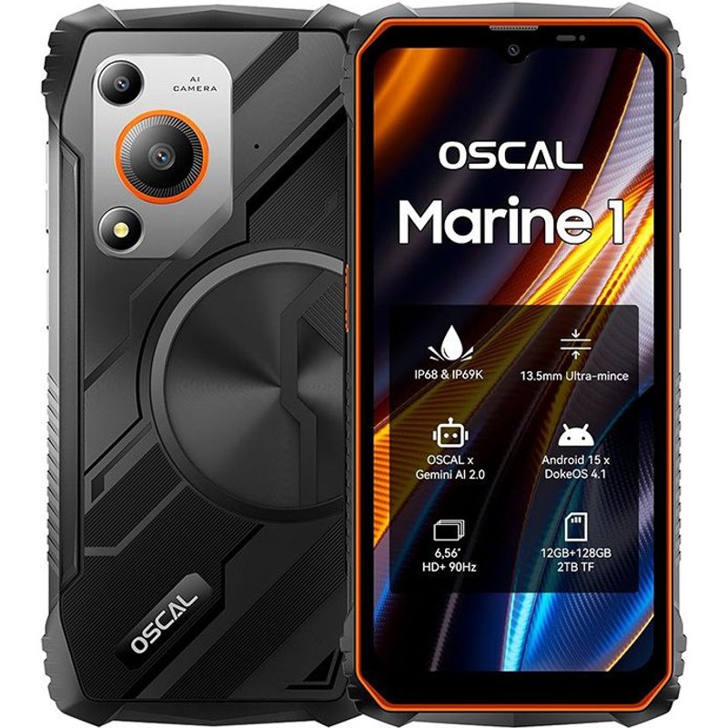 Oscal MARINE 1 Téléphone Portable Incassable 12Go+128Go-SD 2To 6.56" 90Hz Gemini AI 2.0 5100mAh Android 15 Double SIM 4G - Orange