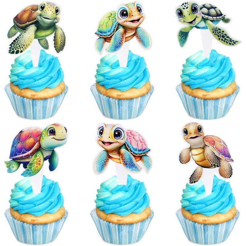 Tortues Cupcake Décoration Animaux Marins Cupcake D'anniversaire D'été Sous-Marin Accessoires De Fête Décoration De Gâteau Accessoires De Fête D'anniversaire (Double Face) 30pcs