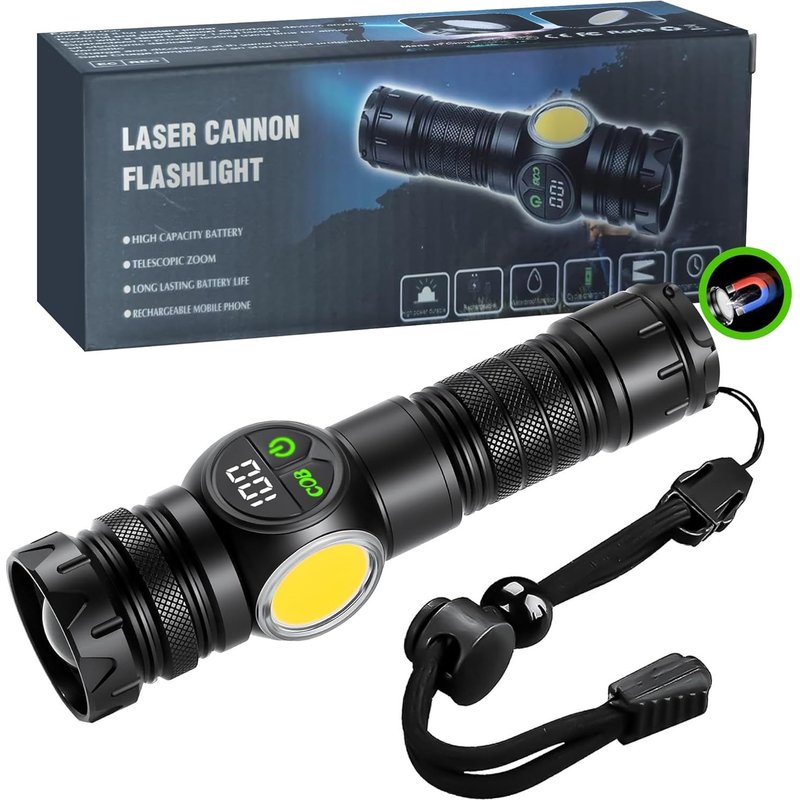 Super Bright LED Torches with Magnetic Battery and 18650 or 26650 5000mAh (Not Included), 500,000 Lumens High Power Rechargeable with LCD Digital Screen, Powerful Torch with 9