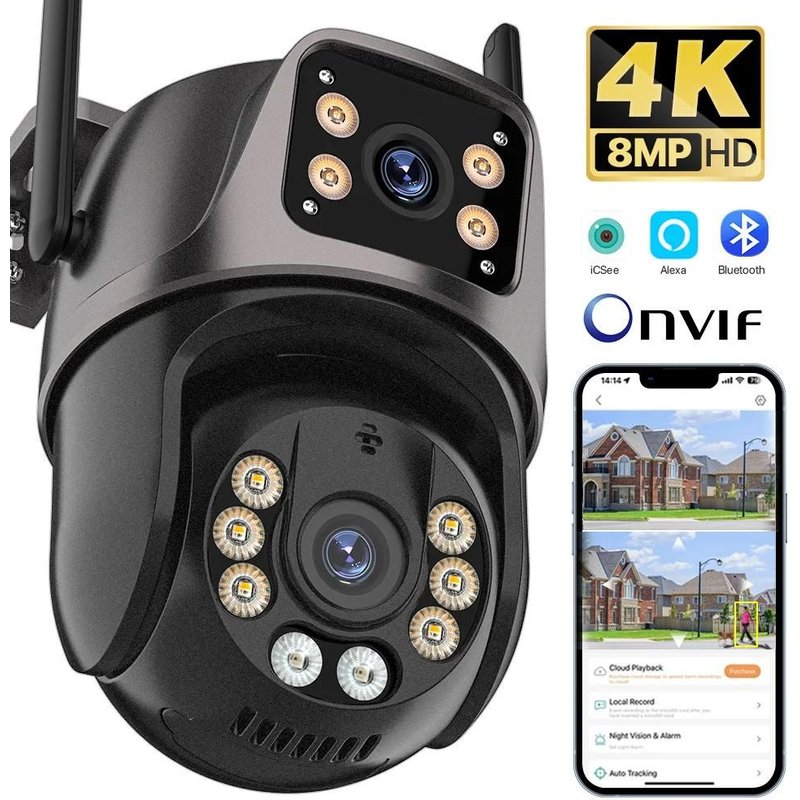 Caméra WiFi externe étanche 4K 8MP HD double objectif caméra de suivi automatique caméra de sécurité PTZ sans fil extérieure système de caméra de sécurité