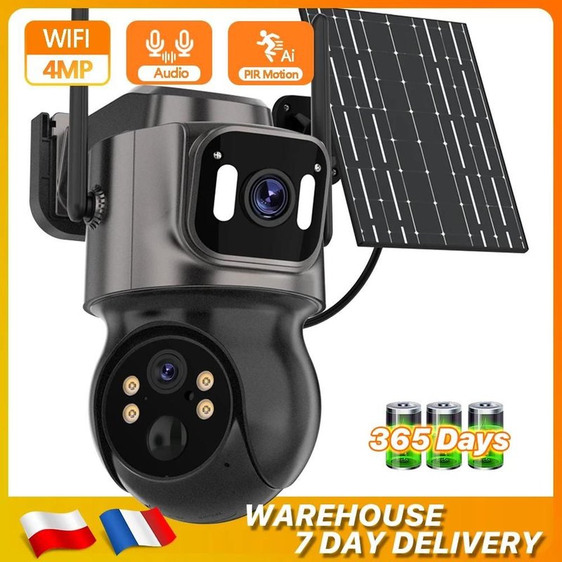 Caméra solaire WiFi extérieure 4K HD, batterie intégrée, double objectif, panneau solaire, caméra sans fil, alarme PIR, iCsee