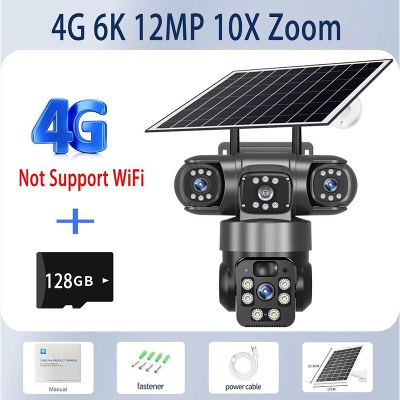 12MP 3 objectifs 3 écrans 4G Sim caméra solaire Surveillance extérieure sans fil Cctv PTZ IP66 sécurité panneau solaire caméras V380