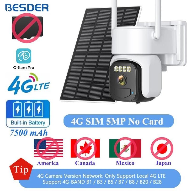 4G carte SIM caméra solaire 5MP PIR détection humaine intégré 7500mAh batterie Rechargeable CCTV Surveillance caméra IP o-kam Pro