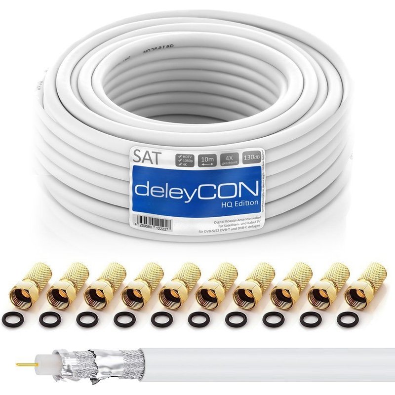 10m HQ Câble Coaxial Satellite SAT 130dB Blindé 4 Couches DVB-S DVB-S2 DVB-T DVB-C 4K 1080p FULL HD HDTV + 10 Connecteurs F Plaqués Or