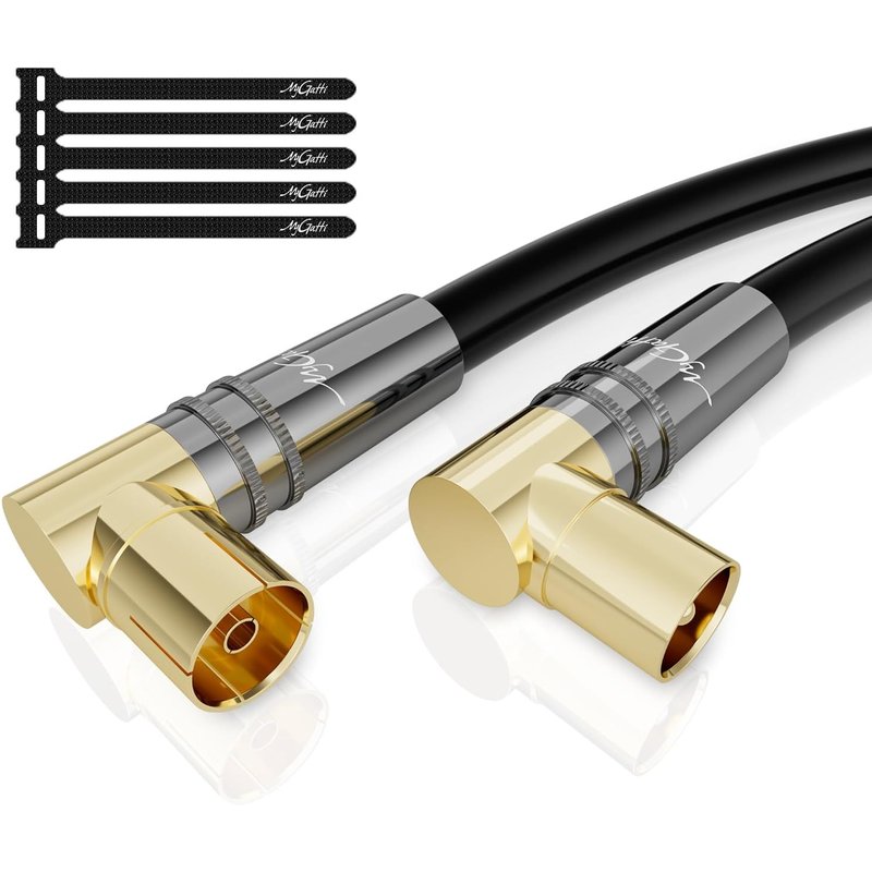 Cùble d'antenne 2 mÚtres RG6 4K,2x Coudé à 90°,cùble satellite,cùble TV Coaxial HD-75 Ohm IEC-Connecteurs métalliques robustes plaqués or,Noir,avec 5 attaches de cùble