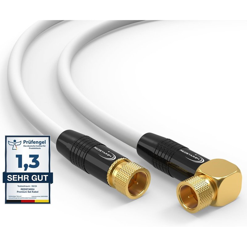 Câble d'antenne satellite numérique HDTV 7,5 m-135 dB-2 fiches F et 1 câble coaxial coudé à 90°-Classe A+ Ultra HD 4K 3D UHD-Routeur-Modem-Blanc