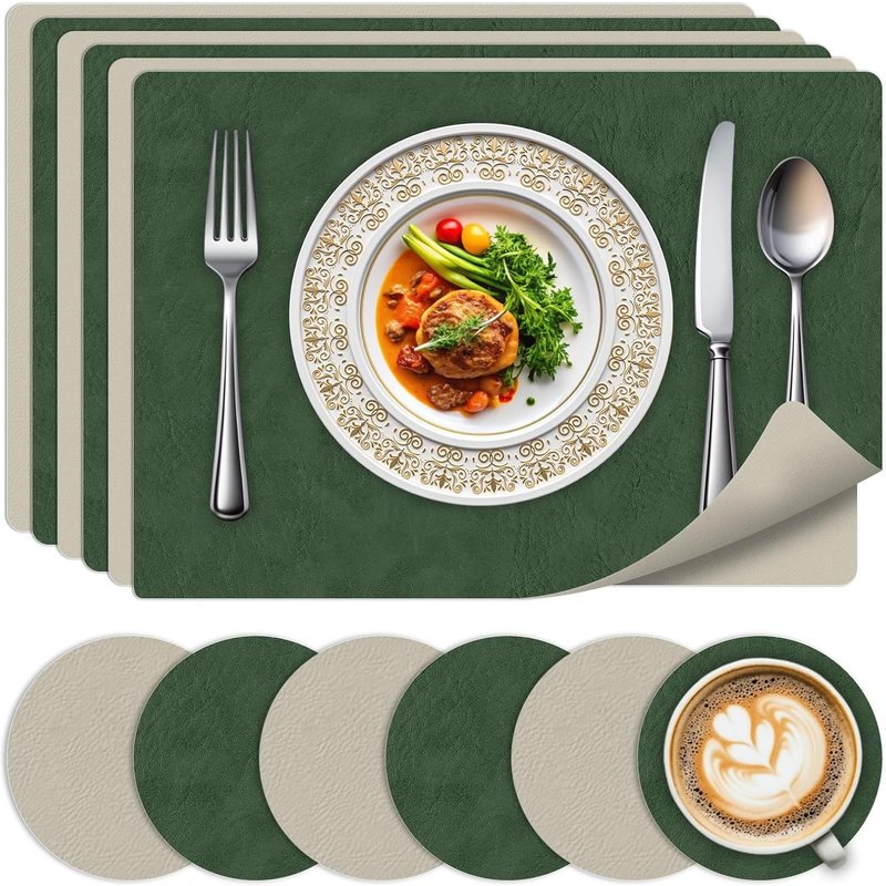 Loc-Set De 6 Sets De Table Et Sous-Verres-Sets De Table Résistants À La Chaleur Lavables,Design Cuir Double Face Antidérapant Sets De Table Pour Cuisine,Maison,Restaurant,Vert+Gris