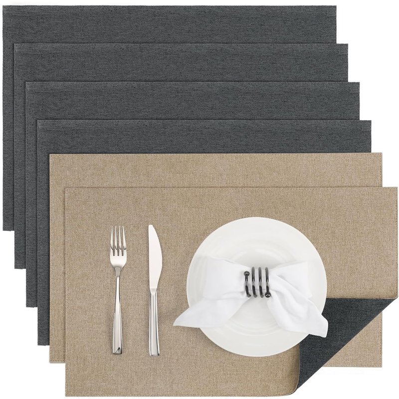 loc-Sets De Table Tressé Lot De 6 Lavable Double Face Résistantes À La Chaleur Antidérapant Set De Table (Gris-Marron Clair,Rectangulaire Lot De 6)