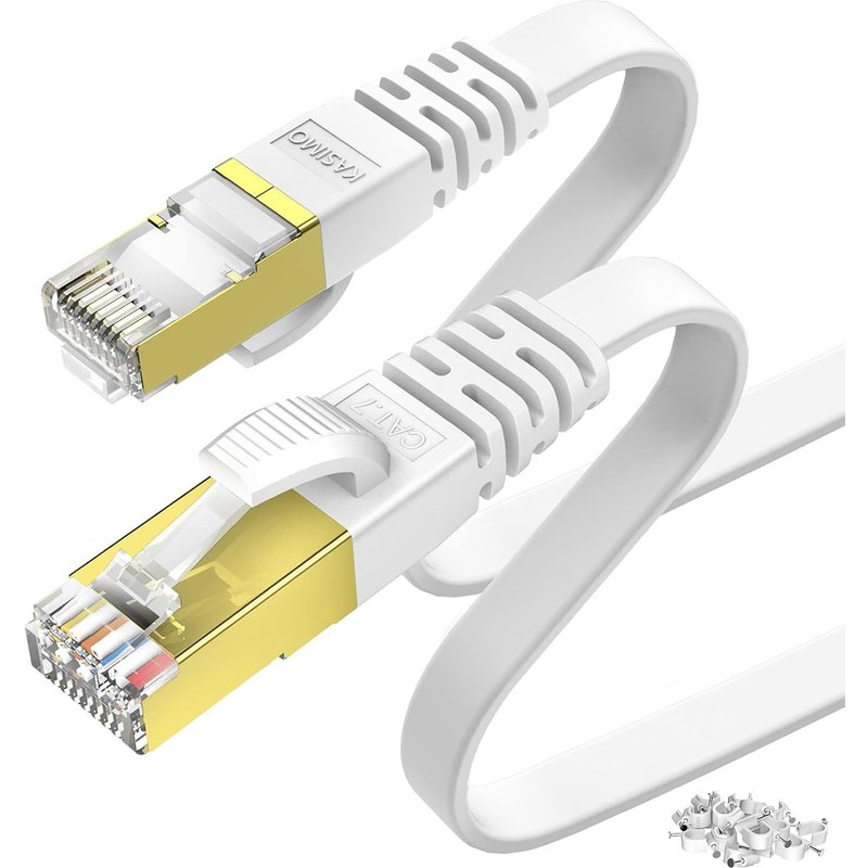 10m Cat 7 Flat Ethernet Cable, 10m RJ45 Cable, Gold Plated Connectors - High Speed LAN Network Cable 10Gbps - 600MHz - White