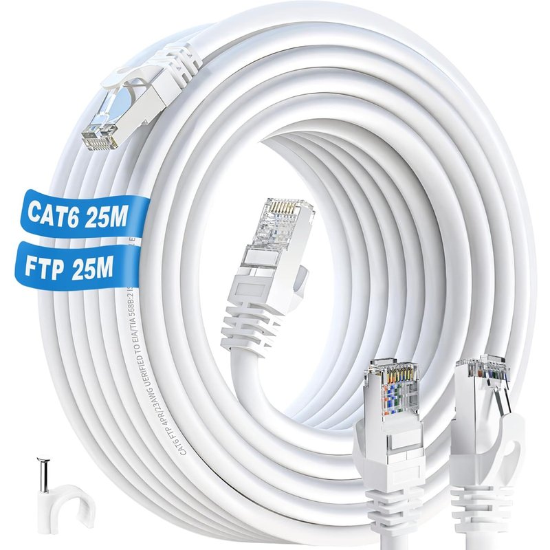 Ethernet Cable 25 m, RJ45 Cat 6 25 m FTP Shielded Network Cable, Anti-Interference, Internet Cable 15 m, High Speed Gigabit Cat 6 LAN Cable 25 m for Router Modem PS4/5 (25 Clips)