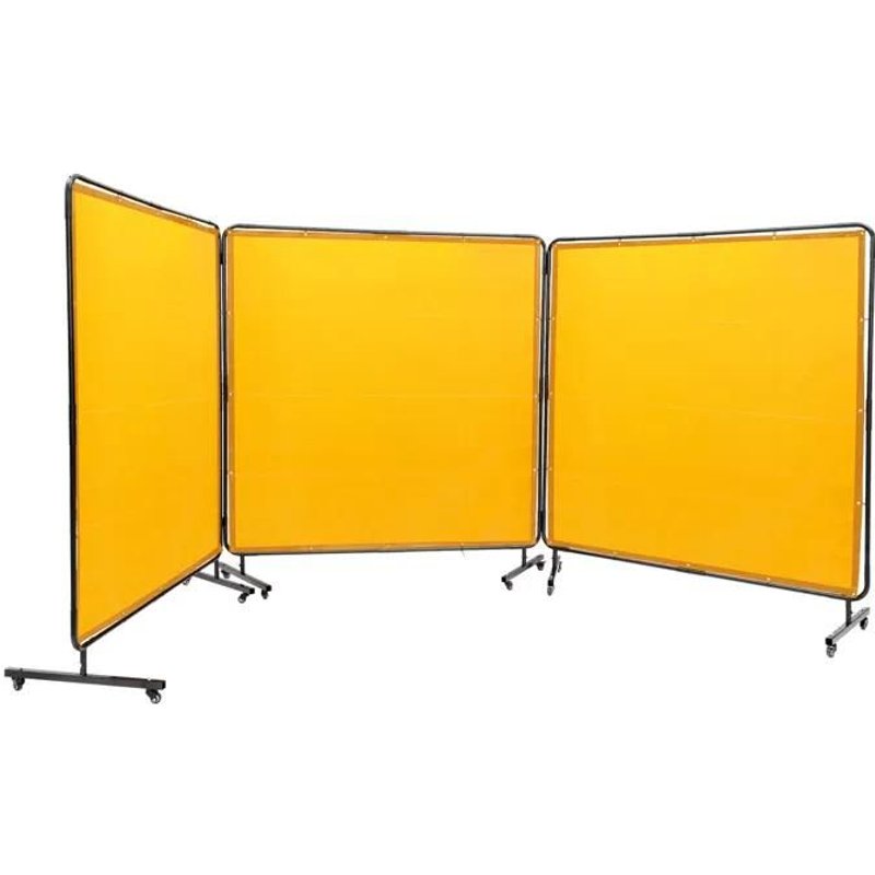 Écran de Soudage-Duoku-6' x 6' avec Cadre-Protection en Vinyle Ignifuge à 3 Panneaux sur 12 Roues Pivotantes-Jaune