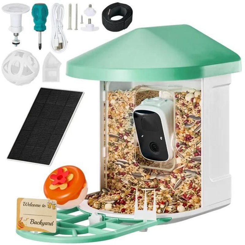 Caméra De Nourrisseur D'oiseaux Intelligent-Duoku-2k Hd-Ia 10.000+Espèces-Solaire-Capture Automatique-Notification-Vert