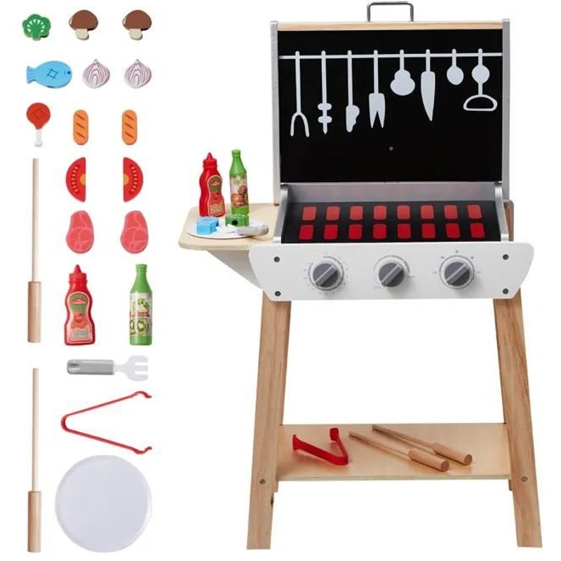 Jouet de Barbecue en Bois pour Enfants-Duoku-Accessoire de Cuisine en Bois-avec Nourriture et Outils de Grillade (21 Pièces)