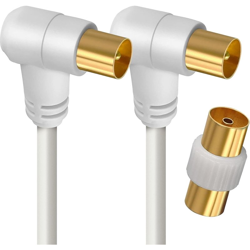 Câble TV Antenne 9.52mm,Coudé 2 Mètres,Connecteurs Gold Mâle/Mâle,Cordon Coaxial 90° Blanc avec Adaptateur Femelle/Femelle Inclus,Compatible TV Décodeur TNT Fiche Murale 9.52mm,408018