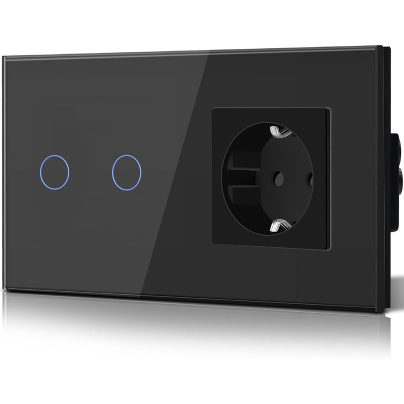 Interrupteur tactile mural en verre avec prise Schuko CEE 16 A encastrée,2 compartiments,interrupteur 1 voie plat,moderne,étanche,noir