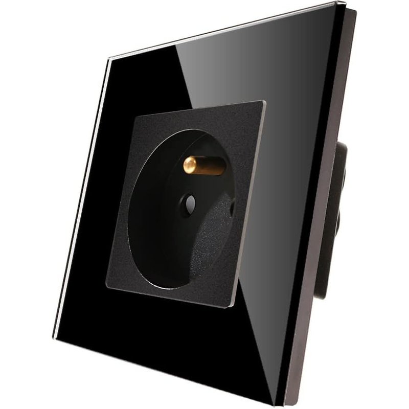 Prise Murale Electrique 16A-Prise Encastrable Standard Extra Plate-Single Prises de Courant Alternatif Panneau-Avec Panneau en Verre Trempé Noir