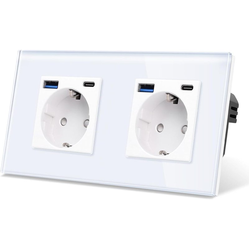 Prise Double en Verre Avec Ports USB-Type C et A,Charge Rapide 20W-Encastrée Blanche-Contact de Protection Schuko