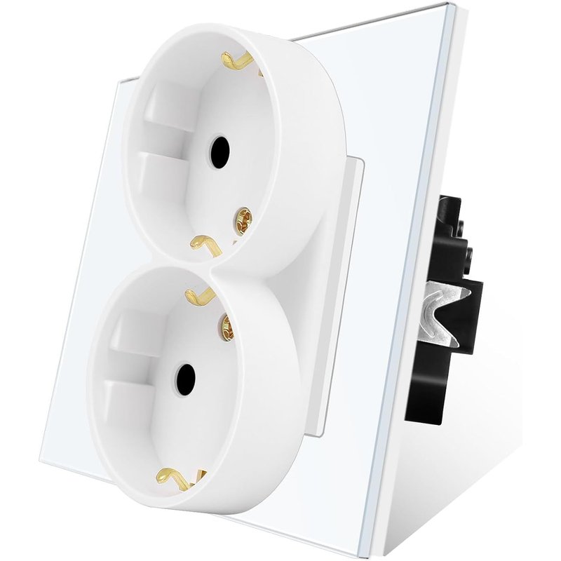 Double prise Schuko avec borne enfichable,cadre en verre de 86 mm avec double prise murale-Blanc