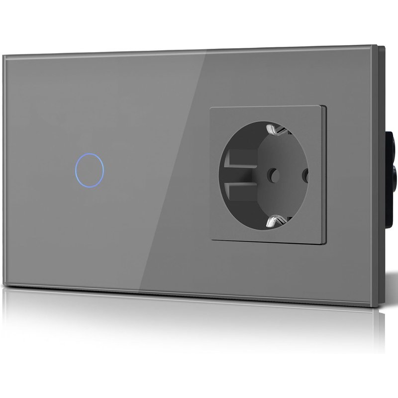 Interrupteur tactile mural en verre avec prise Schuko CEE 16 A encastrée,interrupteur 1 voie plat,moderne,étanche,gris