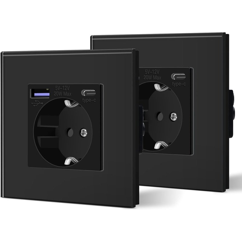 Lot de 2 prises murales 3 en 1,encastrables,en verre,avec ports USB-A et USB-C,puissance de charge rapide de 20 W,noir