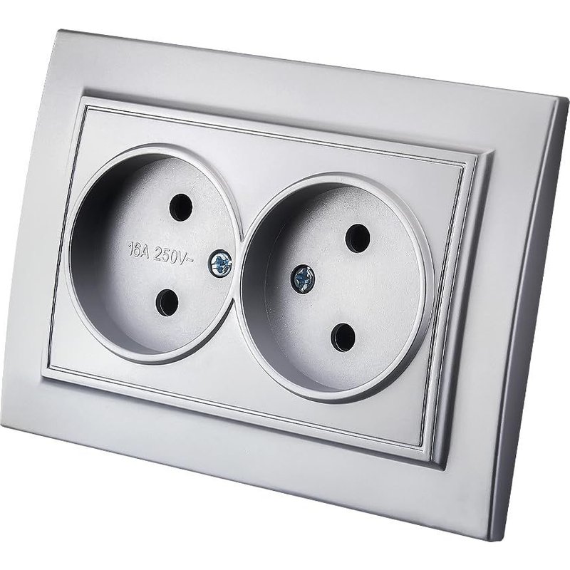 Prise murale encastrable,Set de prises murales électriques,Prise murale d'intérieur 250V AC 16A,Argent Prise double sans mise à la terre EP-05