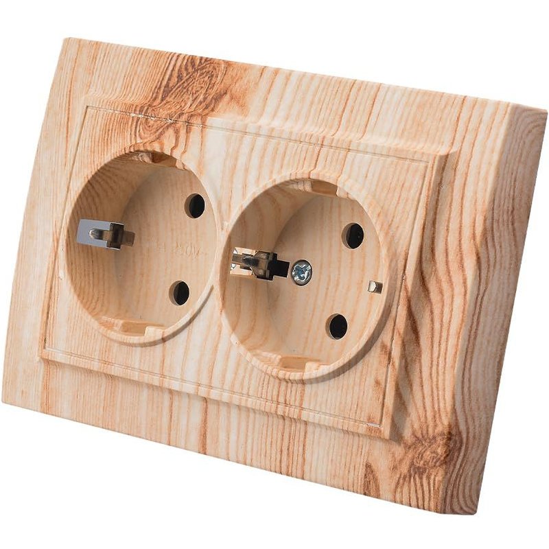 Prise murale encastrable,Set de prises électriques murales,Prise électrique murale d'intérieur 250V AC 16A,Prise double de terre Grain de bois blanc