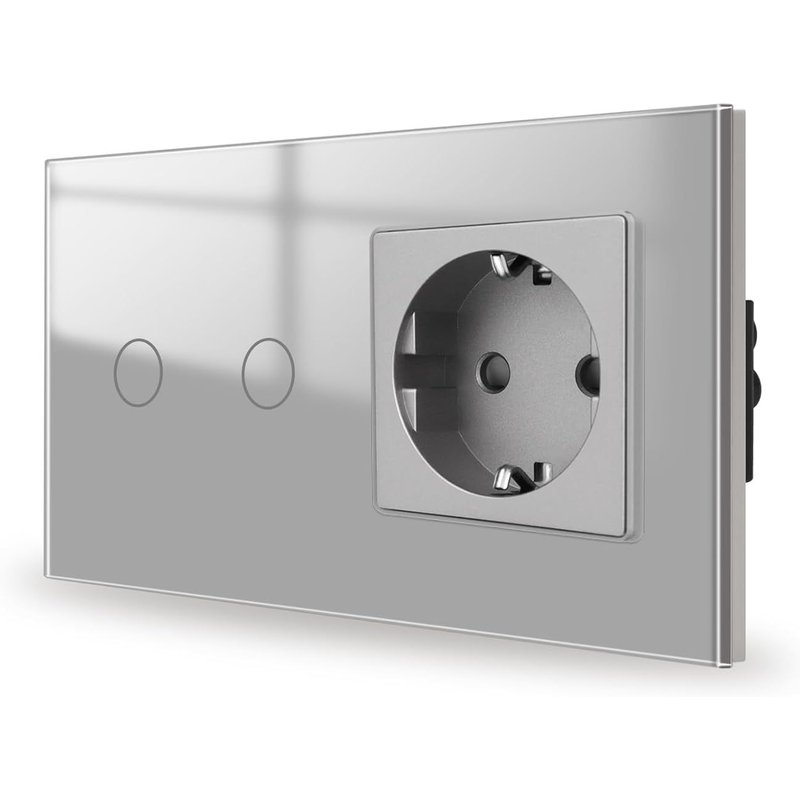 Interrupteur tactile avec prise encastrée gris 2 compartiments 1 voie,panneau en verre et interrupteur mural LED d'état,pas de conducteur neutre nécessaire,157 x 86 mm