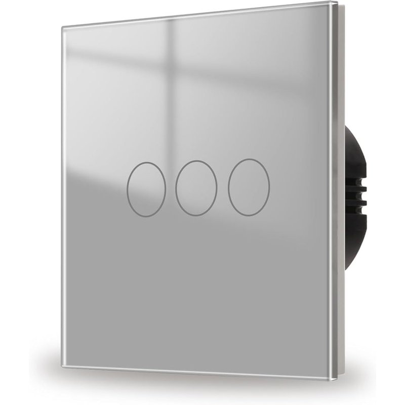 Interrupteur tactile 3 compartiments,1 voie,avec panneau en verre gris encastré,panneau en verre et interrupteur mural LED d'état,CA 240 V,500 W,86 mm,pas de conducteur neutre