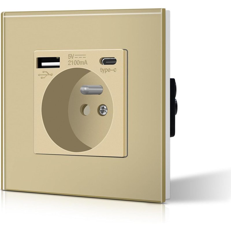 Prise Murale avec USB et Type C,Prise de courant en Verre avec USB 2.1A courant 16 Amp 240V 86mm Or
