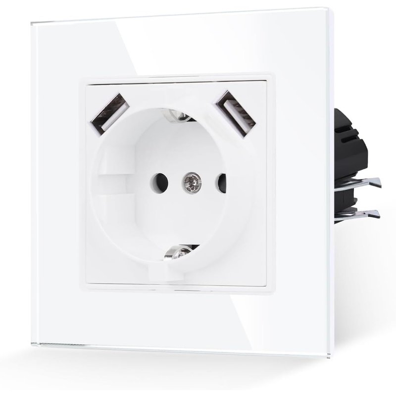 Prise avec USB en blanc,16 A en verre,avec port USB-A max.2,1 A,prise murale encastrée,86 x 86 mm,250 V