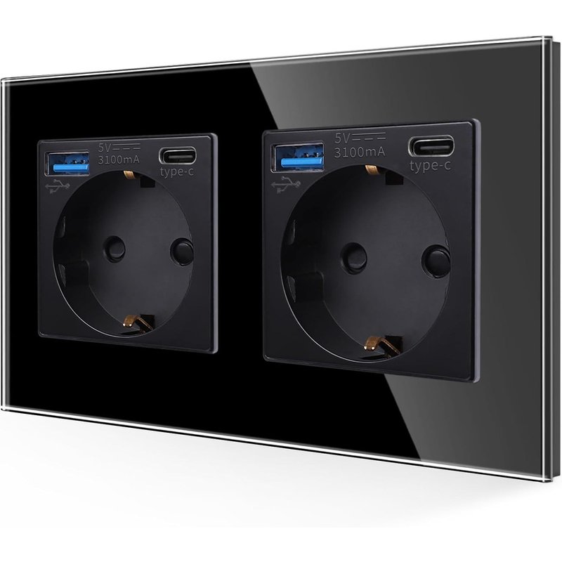 Prise double avec USB 20 W en noir,prises en verre 16 A avec charge rapide,port USB et port de type C,contact de protection encastré,prise murale 157 x 86 mm,250 V,2 compartiments