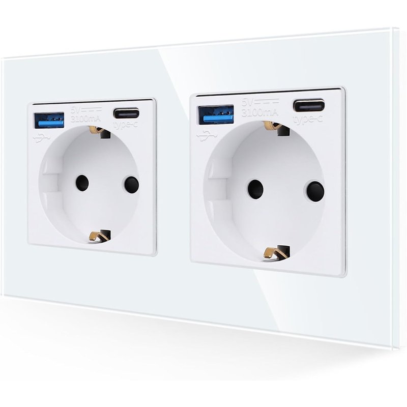 Prise double avec USB 20 W-Charge rapide en blanc-Prise Schuko en verre 16 A avec port USB et port de type C max-Contact de protection encastré-Prise murale-157 x 86 mm-250 V-2