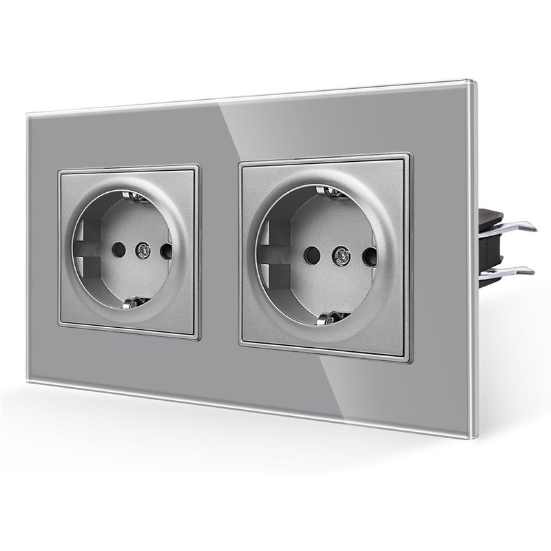 Prise double en verre 2 compartiments,vitre en verre trempé 16 A-Prise standard-Gris-Contact de protection-Prise murale 157 x 86 mm 250 V
