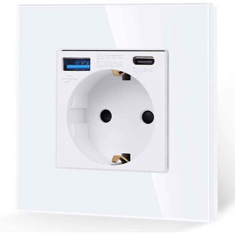Prise simple avec charge rapide USB 20 W-Blanc-Prise Schuko en verre 16 A-Port USB A et port de type C-Encastrée 86 mm-250 V-1 compartiment