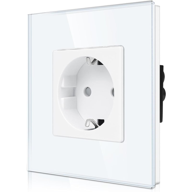 Prise simple encastrée en verre blanc-Prise Schuko simple avec sécurité enfant-Contact de protection 16 A-Prise murale avec cadre en verre