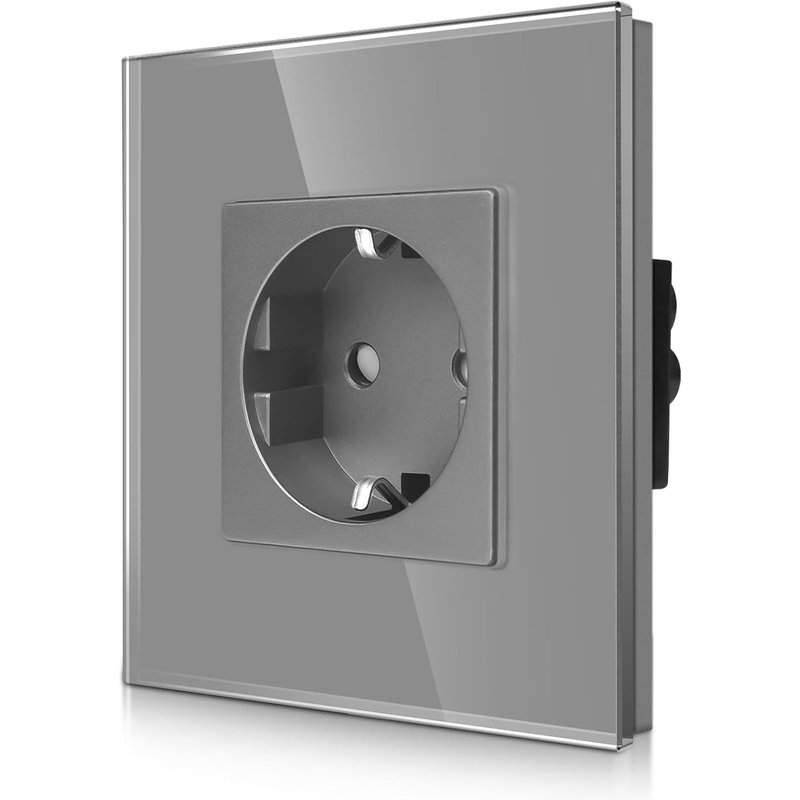 Prise simple en verre,encastrée en gris-Prise Schuko simple avec sécurité enfant-Contact de protection 16 A-Prise murale avec cadre en verre