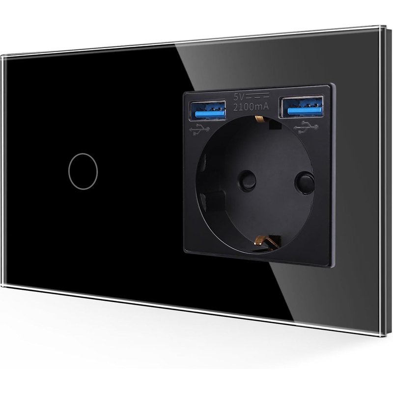 Prise USB avec interrupteur en noir,16 A en verre 3 en 1 Prise Schuko encastrée avec 2 chargeurs USB (2,1 A),1 compartiment interrupteur mural tactile 1 pôle avec LED d'état,86 mm x 157 mm