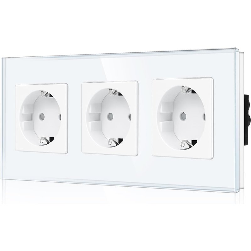 Prise triple encastrée en verre-Blanc-Triple prise Schuko avec sécurité enfant-Contact de protection 16 A-Prise murale avec cadre en verre