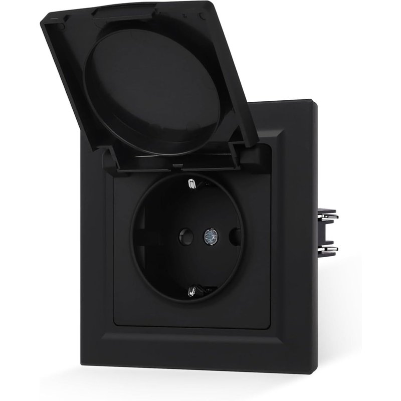 Prise noire mate avec couvercle-Sensation de peau lisse-1 compartiment avec borne enfichable 16 A-Prise Schuko-Prise murale-84 x 84 mm-250 V